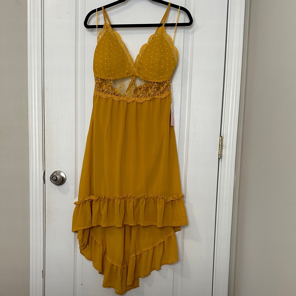 Elegant Mustard Yellow Lace Trim Dress